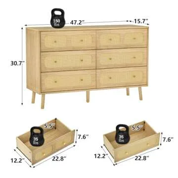 Rattan 6 Drawer Dresser for Bedroom, Wood Boho Double Chest of Drawers with Storage and Gold Handle,...