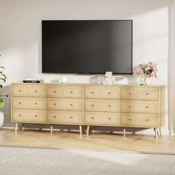 Rattan 6 Drawer Dresser for Bedroom, Wood Boho Double Chest of Drawers with Storage and Gold Handle, Modern Natural Rattan Dresser for Living Room, Hallway, Entryway