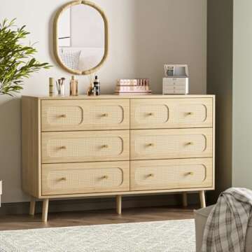 Rattan 6 Drawer Dresser for Bedroom, Wood Boho Double Chest of Drawers with Storage and Gold Handle, Modern Natural Rattan Dresser for Living Room, Hallway, Entryway