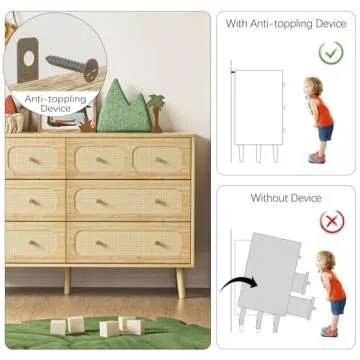 Rattan 6 Drawer Dresser for Bedroom, Wood Boho Double Chest of Drawers with Storage and Gold Handle, Modern Natural Rattan Dresser for Living Room, Hallway, Entryway