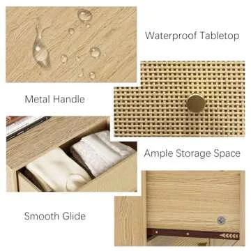 Rattan 6 Drawer Dresser for Bedroom, Wood Boho Double Chest of Drawers with Storage and Gold Handle, Modern Natural Rattan Dresser for Living Room, Hallway, Entryway