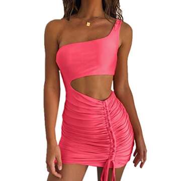 CHYRII Women's Sexy One Shoulder Sleeveless Cutout Ruched Bodycon Party Club Mini Dress Neon Pink-7015 Medium