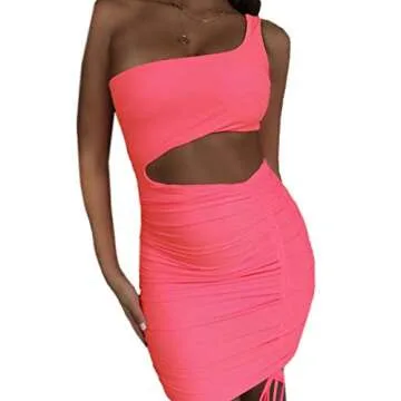 CHYRII Women's Sexy One Shoulder Sleeveless Cutout Ruched Bodycon Party Club Mini Dress Neon Pink-7015 Medium