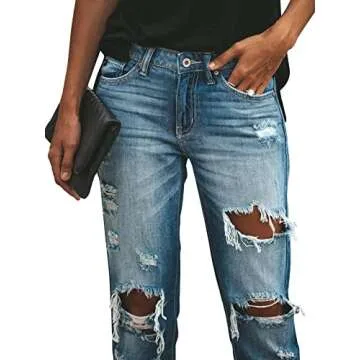 KUNMI Women's Ripped Mid Waisted Boyfriend Jeans Loose Fit Distressed Stretchy Denim Pants