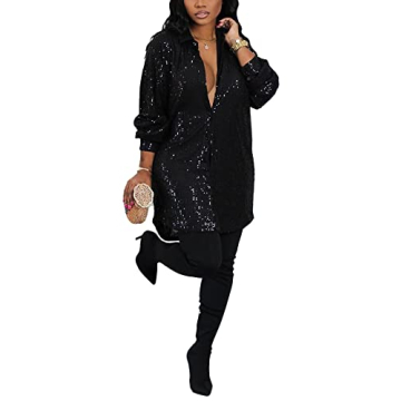 Women's Sequin Button Down Shirt Dress - Chic Long Sleeve Mini Party Dress
