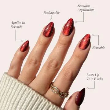 Glamnetic Press On Nails - Ruby Slipper | Deep Red Sparkly Short Almond Fake Nails with a Velvet Finish, Reusable | 15 Sizes - 30 Nail Kit with Glue
