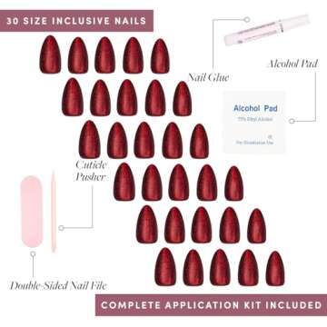 Glamnetic Press On Nails - Ruby Slipper | Deep Red Sparkly Short Almond Fake Nails with a Velvet Finish, Reusable | 15 Sizes - 30 Nail Kit with Glue
