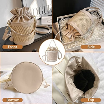 Orgone Summer Beach Woven Tote Bag, Straw Rattan Raffia Bucket Bag, Handmade Basket Handbag Shoulder Crossbody Purse PU Leather Stitching for Women