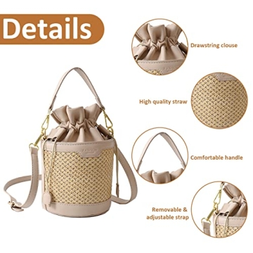 Orgone Summer Beach Woven Tote Bag, Straw Rattan Raffia Bucket Bag, Handmade Basket Handbag Shoulder Crossbody Purse PU Leather Stitching for Women