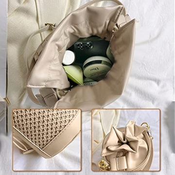 Orgone Summer Beach Woven Tote Bag, Straw Rattan Raffia Bucket Bag, Handmade Basket Handbag Shoulder Crossbody Purse PU Leather Stitching for Women