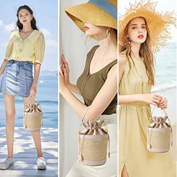 Orgone Summer Beach Woven Tote Bag, Straw Rattan Raffia Bucket Bag, Handmade Basket Handbag Shoulder Crossbody Purse PU Leather Stitching for Women