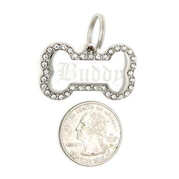 Yippo Accessories Custom Engraved Personalized Stainless Steel Bone Shape w/Clear Rhinestones Dog Pe...