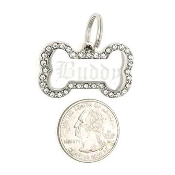 Yippo Accessories Custom Engraved Personalized Stainless Steel Bone Shape w/Clear Rhinestones Dog Pe...