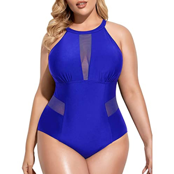 Daci Blue Plus Size One Piece Swimsuits for Women High Neck Plunge Mesh Cut Out Bathing Suits L-Blue...