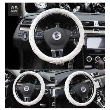 Follicomfy Comfort Leather Auto Car Steering Wheel Cover,Anti Slip Universal 15 Inch Diamond&Crown,W...
