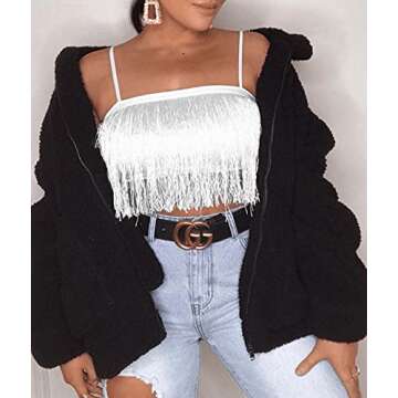 DALLNS Women Corset Cropped Fringe Tank Top Indie Summer Going Out Shirts Stripper Sexy Club Space C...