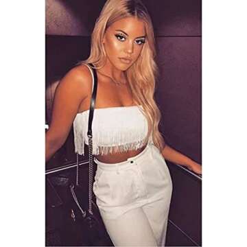 DALLNS Women Corset Cropped Fringe Tank Top Indie Summer Going Out Shirts Stripper Sexy Club Space Cowgirl Country Concert Outfit White L