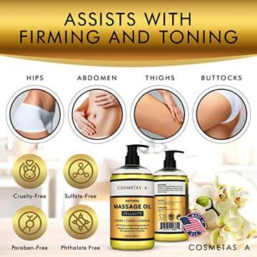 Cellulite Massage Oil with Massager Mitt - 100% Natural Cellulite Oil, Highly Absorbable and Deeply Penetrates Skin- Firms, Tones, Tightens & Moisturizes Skin by Cosmetasa (8.8 oz)