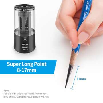AFMAT Electric Pencil Sharpener for Artist, 8-17mm Super Long Point, Auto Stop & Fast Sharpen, Long Point Pencil Sharpener, Artist Pencil Sharpener Plug in for φ6-12mm Charcoal/Drawing/Colored Pencils