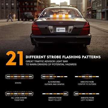 Xprite 31.5 Inch LED Strobe Traffic Advisor Light Bar 21 Flashing Caution Patterns Directional Chase Lightbar w/Suction Cup Mount for Emergency Construction Vehicles Trucks SUV UTV - White & Amber