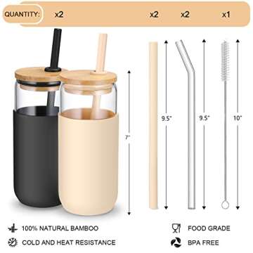 20 OZ Glass Cups with Bamboo Lids and Straws - Beer Can Drinking Glasses with Silicone Protective Sleeve Set, Iced Coffee Glasses, Cute Tumbler Cup for Water, Smoothie, Boba Tea, Gift, 2 Colors