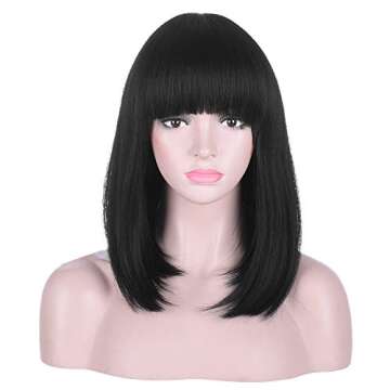 AMZCOS 15 Inch Short Straight Black Bob Wig with Bangs | Natural Heat Resistant Synthetic Hair for W...
