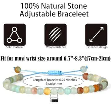 QOGIR Handmade Healing Stones Bracelet,4mm Natural Multi Color Amazonite Gemstone Beads Bracelet,for Men Women Gifts with 2PCS Size Adjustable Rope Bracelets