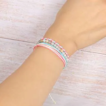 QOGIR Handmade Healing Stones Bracelet,4mm Natural Multi Color Amazonite Gemstone Beads Bracelet,for Men Women Gifts with 2PCS Size Adjustable Rope Bracelets