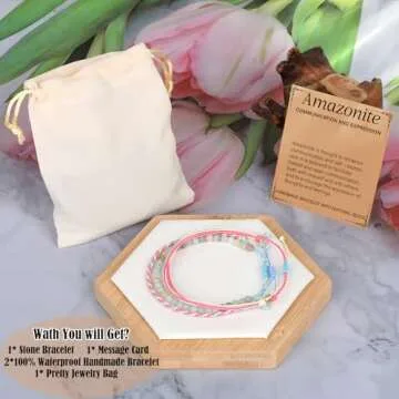 QOGIR Handmade Healing Stones Bracelet,4mm Natural Multi Color Amazonite Gemstone Beads Bracelet,for Men Women Gifts with 2PCS Size Adjustable Rope Bracelets