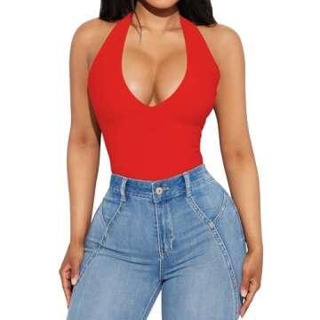F2CLO Sexy Halter V Neck Bodysuit for Women