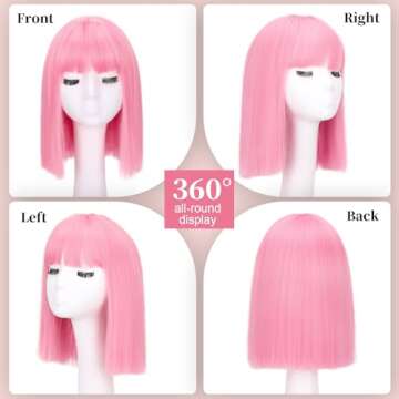 Trendy Pink Bob Wig with Bangs - Stylish 12Inch Heat Resistant Wig for Women