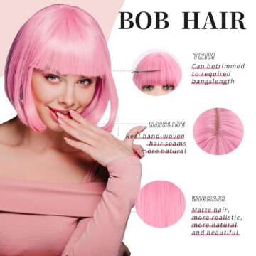 Pink Bob Wig with Bangs - Ideal for Parties and Daily Use