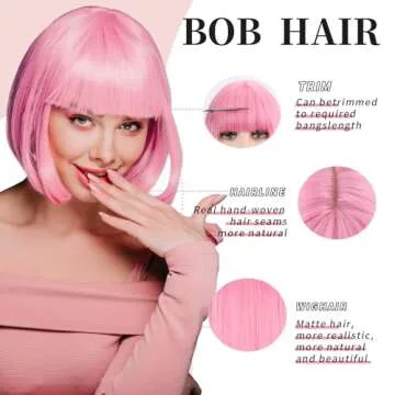 Pink Bob Wig with Bangs - Ideal for Parties and Daily Use