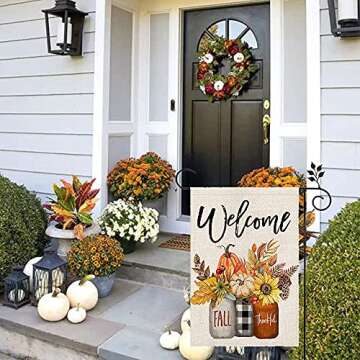 CROWNED BEAUTY Fall Welcome Garden Flag Floral Mason Jar 12×18 Inch Double Sided for Outside Thankful Holiday Yard Decoration