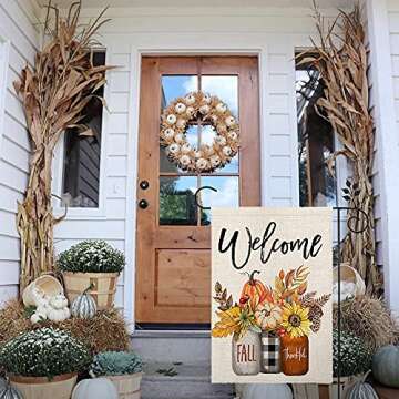 CROWNED BEAUTY Fall Welcome Garden Flag Floral Mason Jar 12×18 Inch Double Sided for Outside Thankful Holiday Yard Decoration
