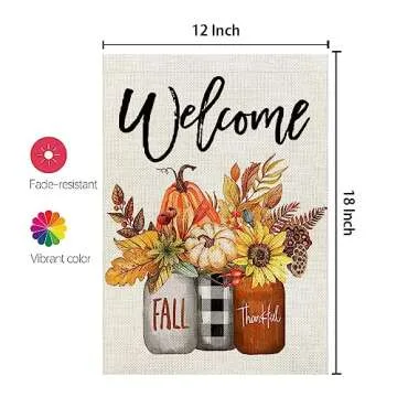 CROWNED BEAUTY Fall Welcome Garden Flag Floral Mason Jar 12×18 Inch Double Sided for Outside Thankful Holiday Yard Decoration
