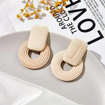 XUN Zhe 2 Pairs Bohemian Round Stud Earrings Set,Geometric Wooden Drop Earrings Boho Round Circle Wood Dangle Earrings for Women (Brown Yellow)