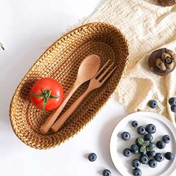i-lan Handwoven Bread Serving Basket Bowls, Wicker Oval Fruit Bowl, Serving Bread Basket Set, Food Storage Bowl for Bread, Snack, Vegetable, Natural Brown (S: 10")