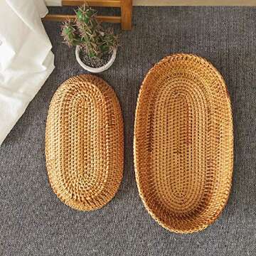 i-lan Handwoven Bread Serving Basket Bowls, Wicker Oval Fruit Bowl, Serving Bread Basket Set, Food Storage Bowl for Bread, Snack, Vegetable, Natural Brown (S: 10")