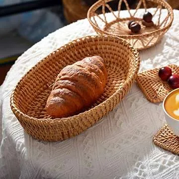 i-lan Handwoven Bread Serving Basket Bowls, Wicker Oval Fruit Bowl, Serving Bread Basket Set, Food Storage Bowl for Bread, Snack, Vegetable, Natural Brown (S: 10")