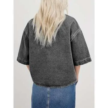 Imily Bela Womens Oversized Short Sleeve Denim Jackets Trendy Cropped Jean Tops Shackets