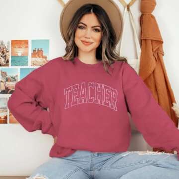 AIIWEIS Oversized Teacher Sweatshirt for Women Embroidered Teacher Letter Print Shirt Casual Crewneck Pullover Tops Pink