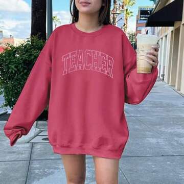 AIIWEIS Oversized Teacher Sweatshirt for Women Embroidered Teacher Letter Print Shirt Casual Crewneck Pullover Tops Pink
