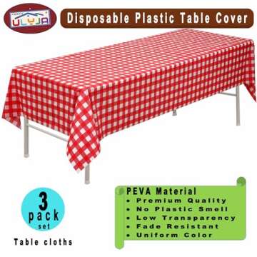 PARTY ULYJA Red & White Gingham Checkered Tablecloths Plastic 3-Pack Premium 54 Inches x 108 Inches ...