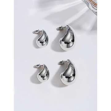 DEARMAY Chunky Silver Teardrop Earrings Set for Women Trendy, 925 Sterling Silver Hoop Earrings Hypo...