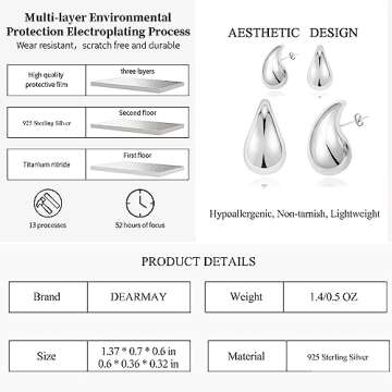 DEARMAY Chunky Silver Teardrop Earrings Set for Women Trendy, 925 Sterling Silver Hoop Earrings Hypoallergenic Thick Lightweight Big Small Simple Waterdrop Jewelry for Women Teen