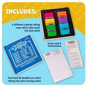 Farkle Deluxe Dice Games Set Includes 36 Colorful Dice, 6 Rolling Cups, Rolling Tray, and Score Sheets The Classic Push-Your-Luck Dice Game