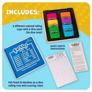Farkle Deluxe Dice Games Set Includes 36 Colorful Dice, 6 Rolling Cups, Rolling Tray, and Score Sheets The Classic Push-Your-Luck Dice Game