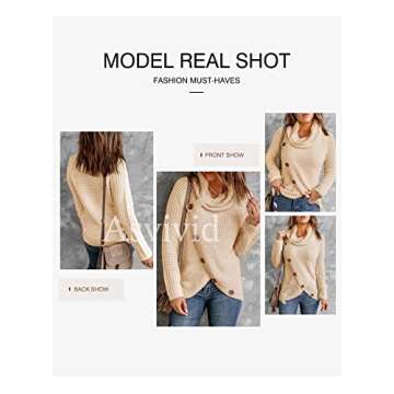 Asvivid Chunky Cowl Neck Sweaters for Women Spring Long Sleeve Asymmetrical Wrap Womens Sweater Button Jumper Tops Beige Ladies Sweater M