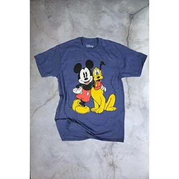 Disney Mickey Mouse & Pluto Classic Distressed Vintage Dog World Disneyland Funny Mens Adult Graphic Tee T-Shirt (Large) Blue